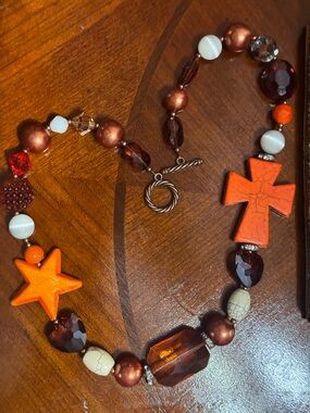 Orange Cross & Star Bead Statement Necklace